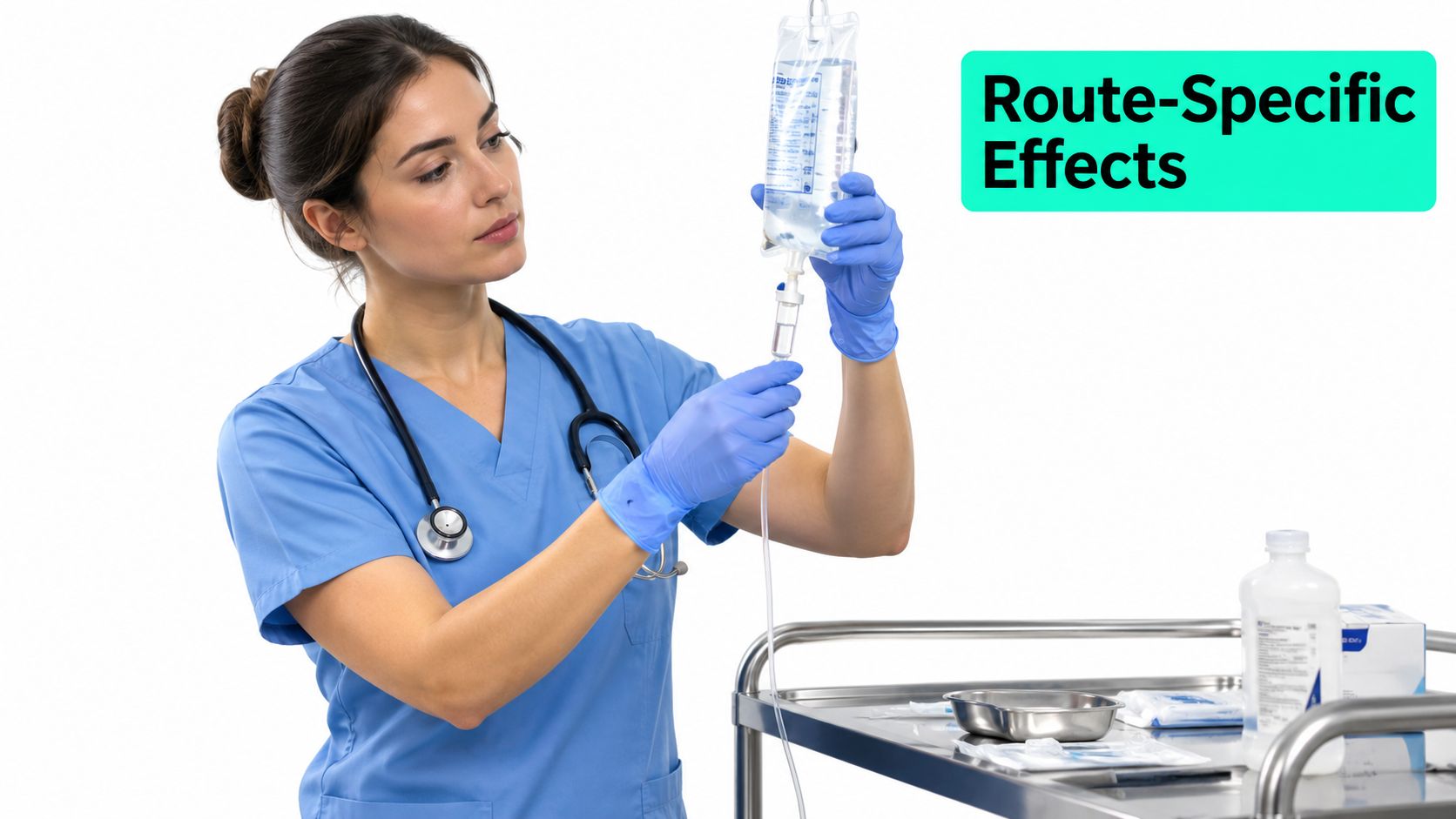 A professional nurse in blue scrubs preparing an intravenous drip infusion in a clinical setting.