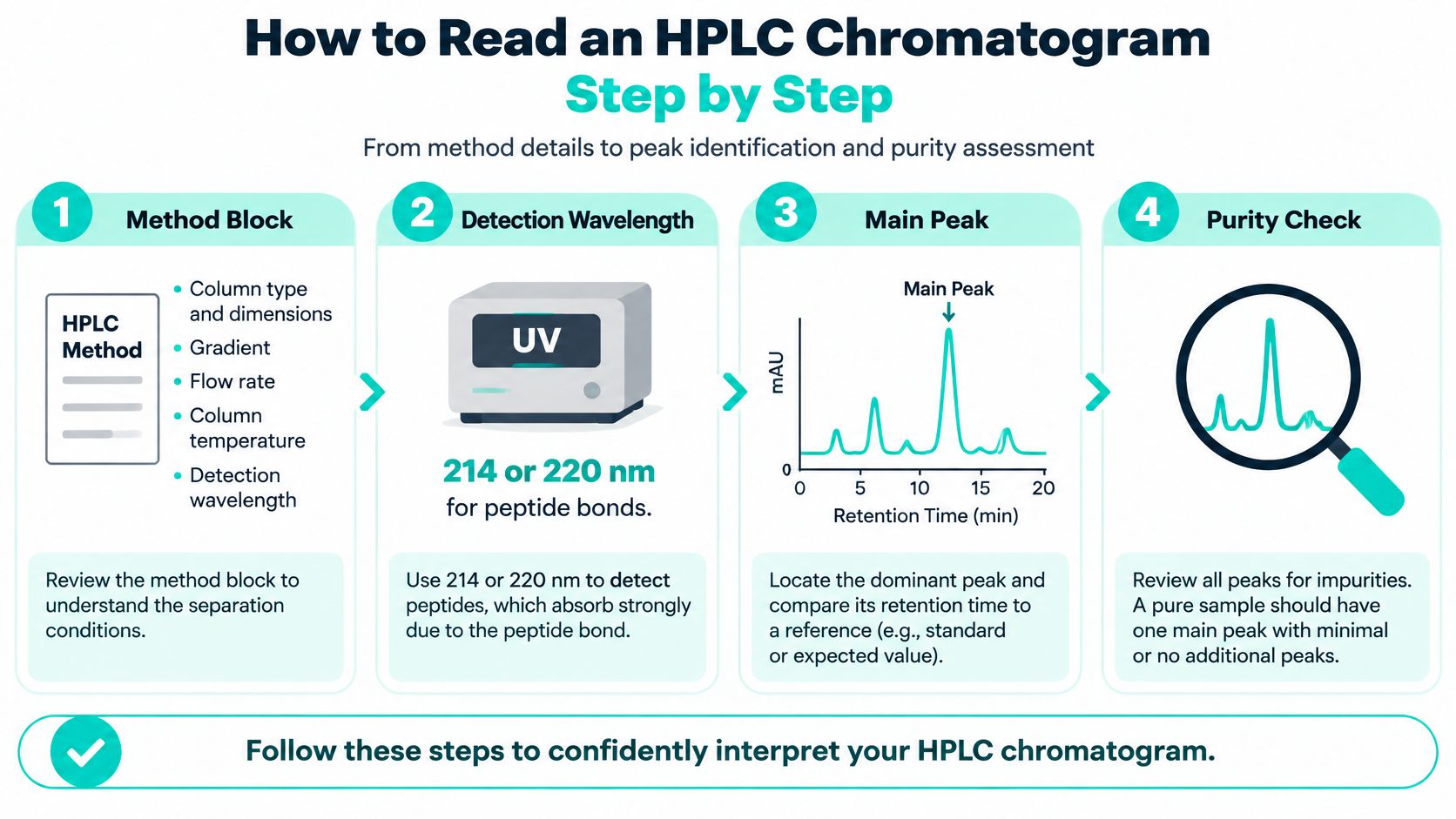 An infographic showing a four-step guide on how to read and interpret an HPLC chromatogram for peptides.