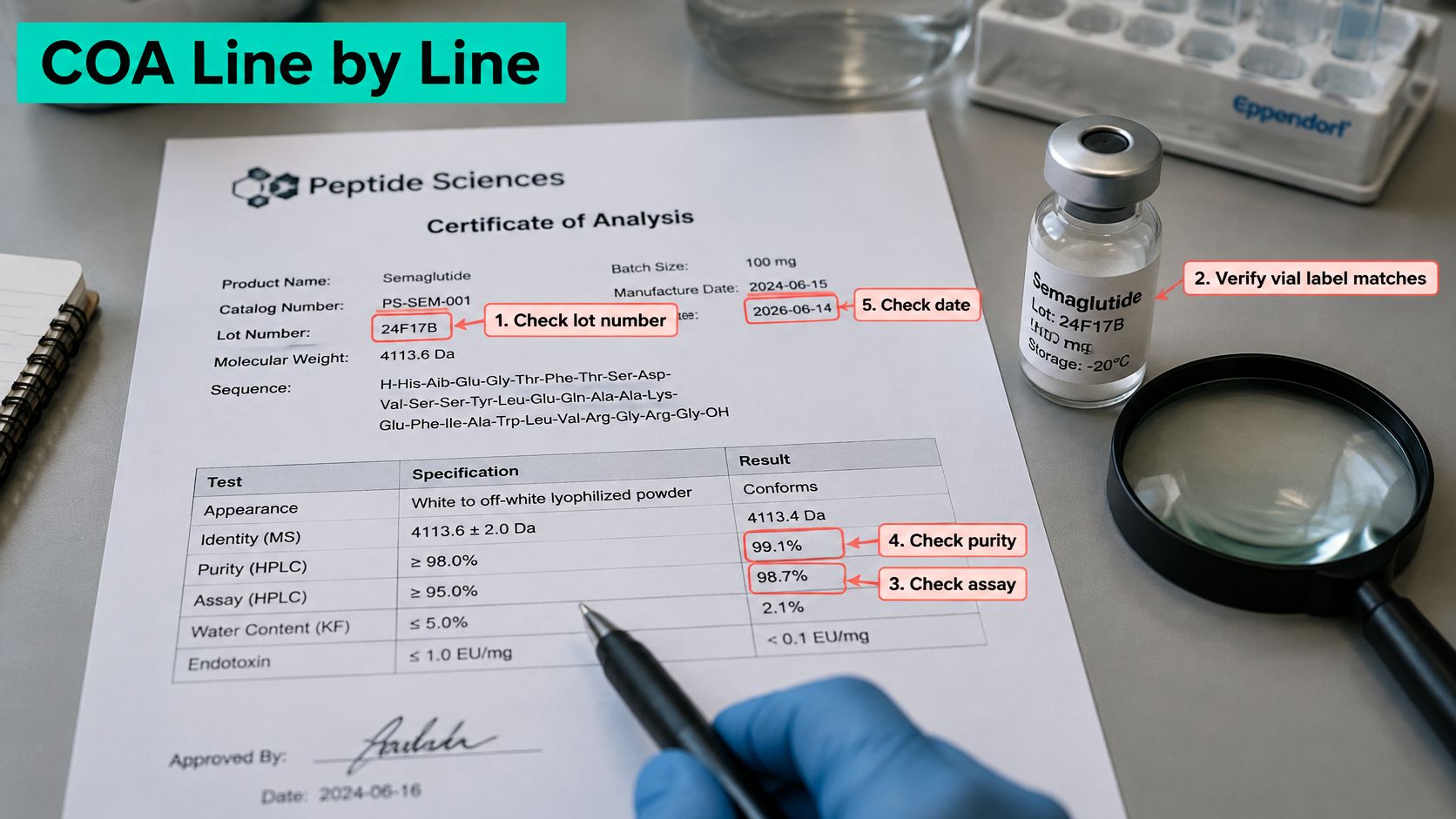 A close-up view of a Peptide Sciences Certificate of Analysis document next to a vial of Semaglutide.