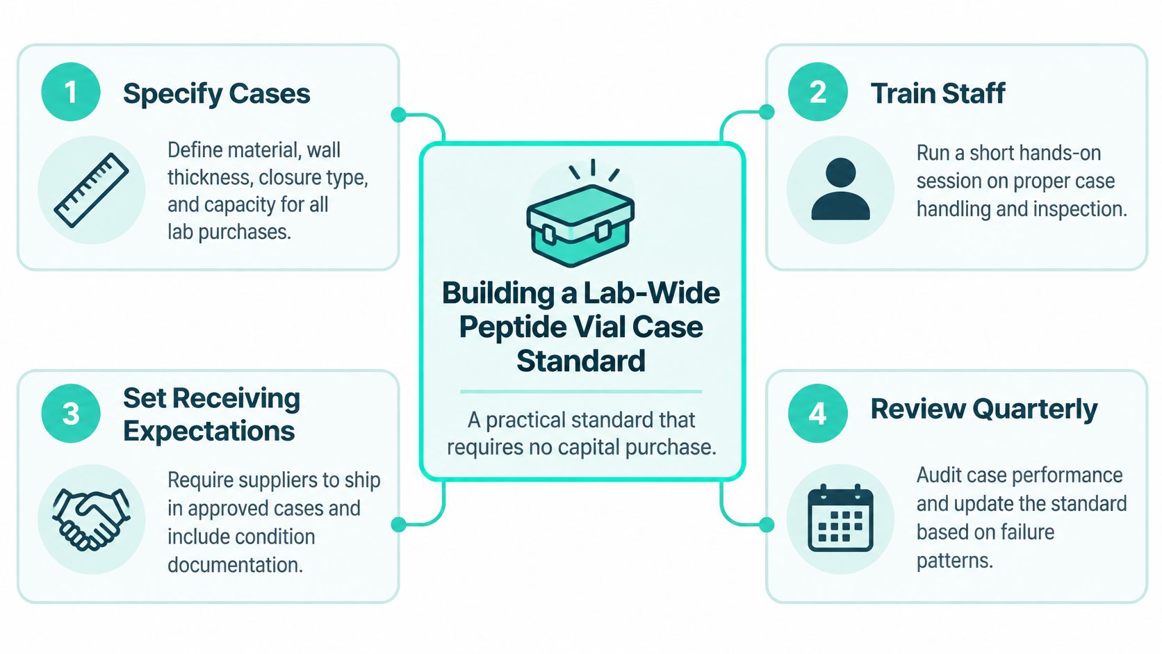 A four-step infographic illustrating a lab-wide standard for peptide vial cases to ensure safety and consistency.