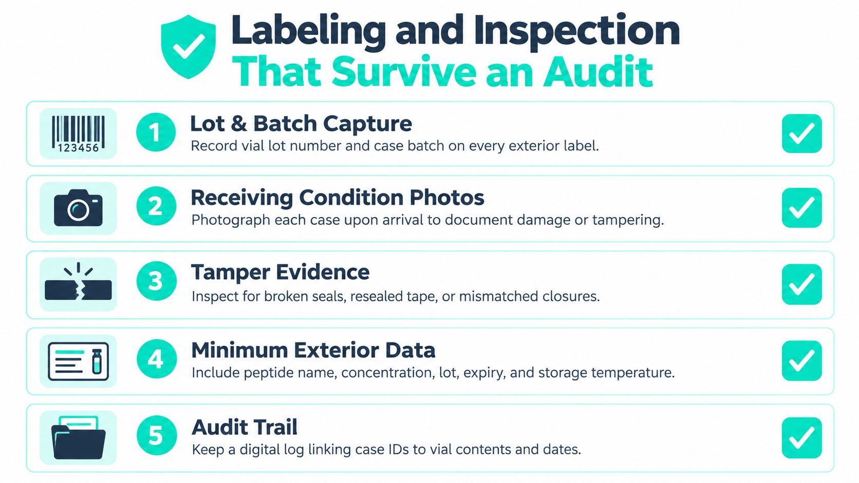 An infographic titled Labeling and Inspection That Survive an Audit listing five essential steps for pharmaceutical supply chain security.