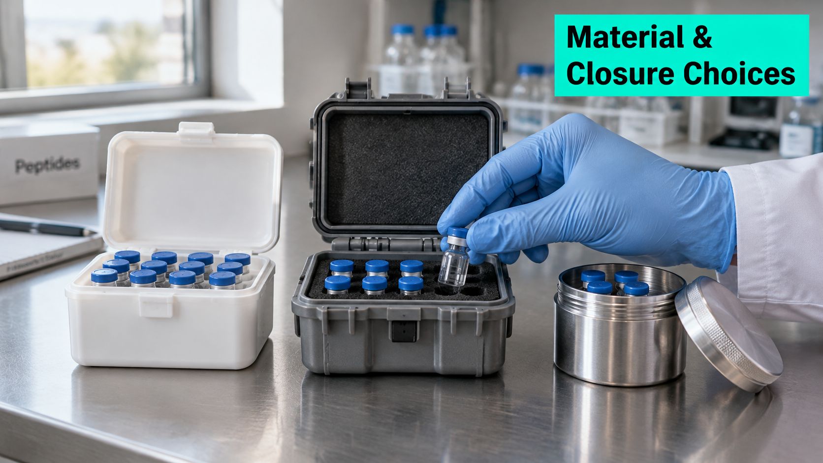 A scientist wearing blue gloves places a small glass vial into a foam-lined protective storage case.