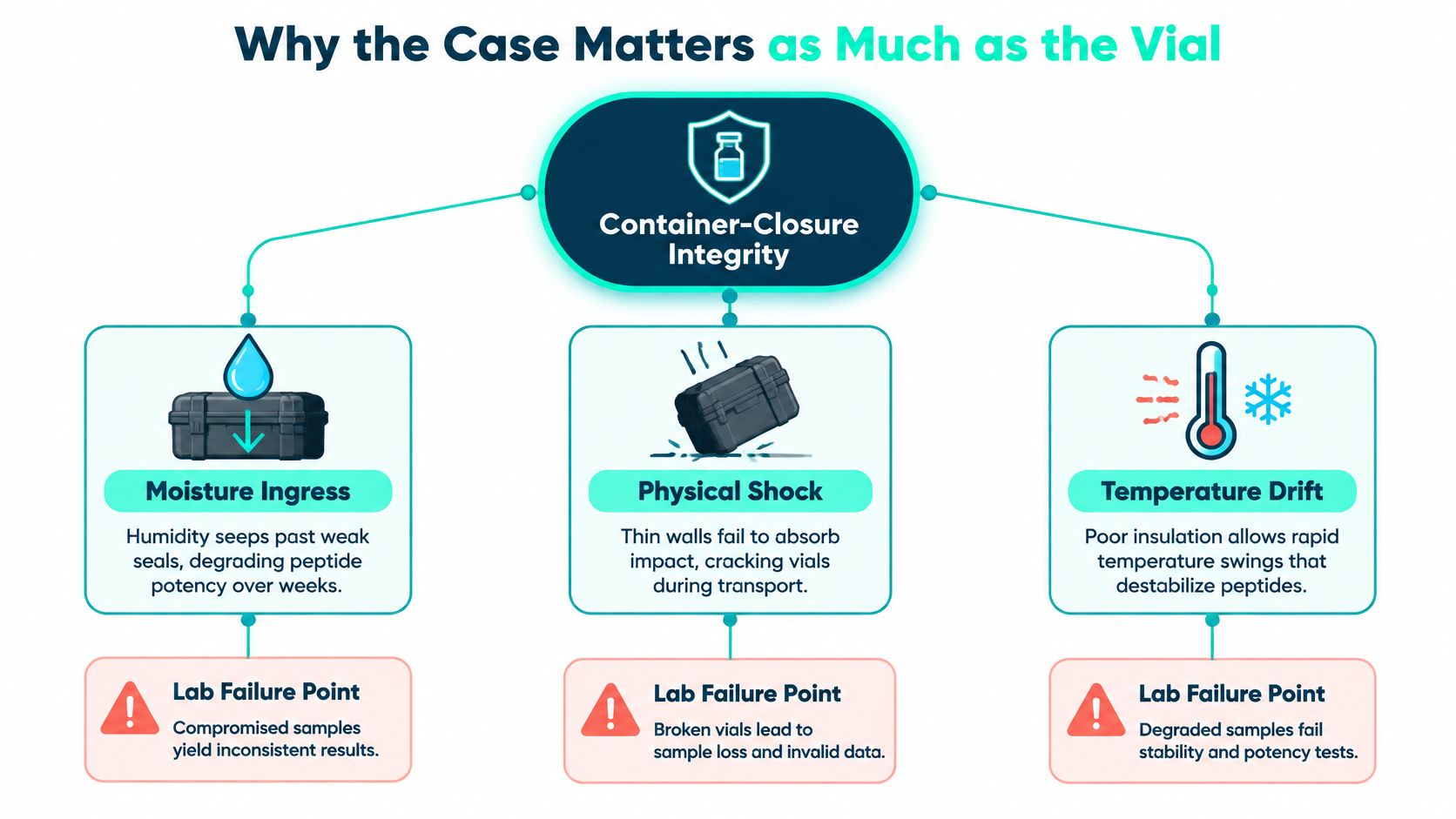 An infographic illustrating why protective transport cases are essential for maintaining peptide vial integrity during laboratory shipping.