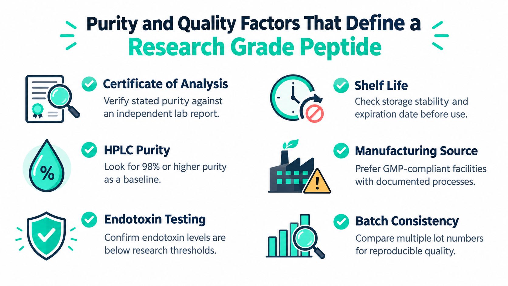 An infographic detailing essential quality and purity factors for evaluating research grade peptides in laboratory settings.