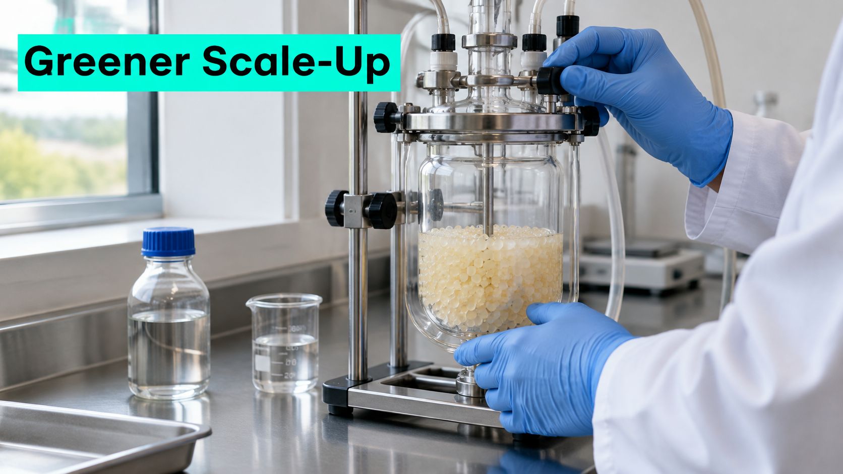 A scientist wearing gloves uses laboratory equipment for solid phase peptide synthesis in a clean environment.