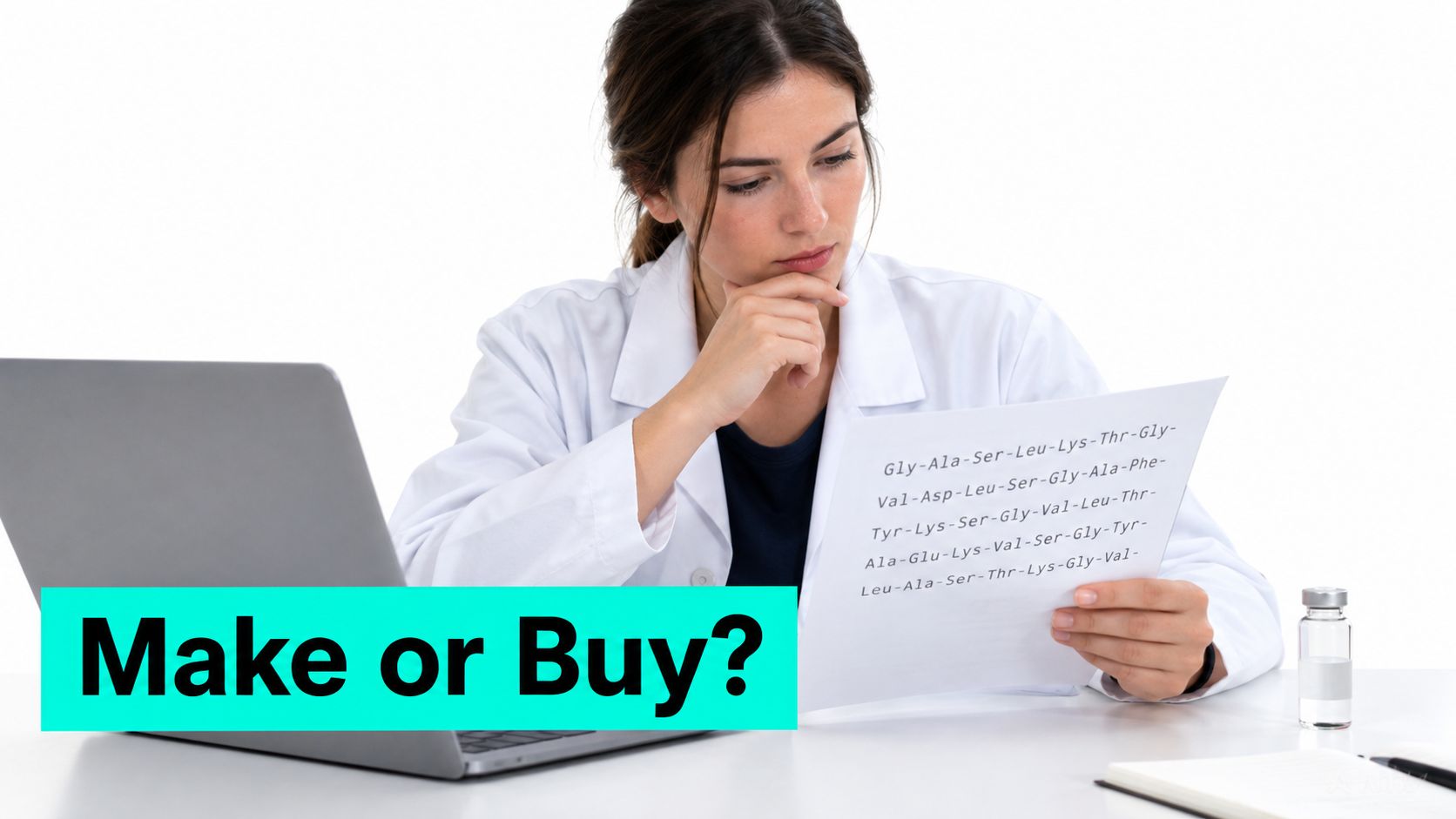 A female scientist in a lab coat reviewing a document with peptide sequences while considering options.
