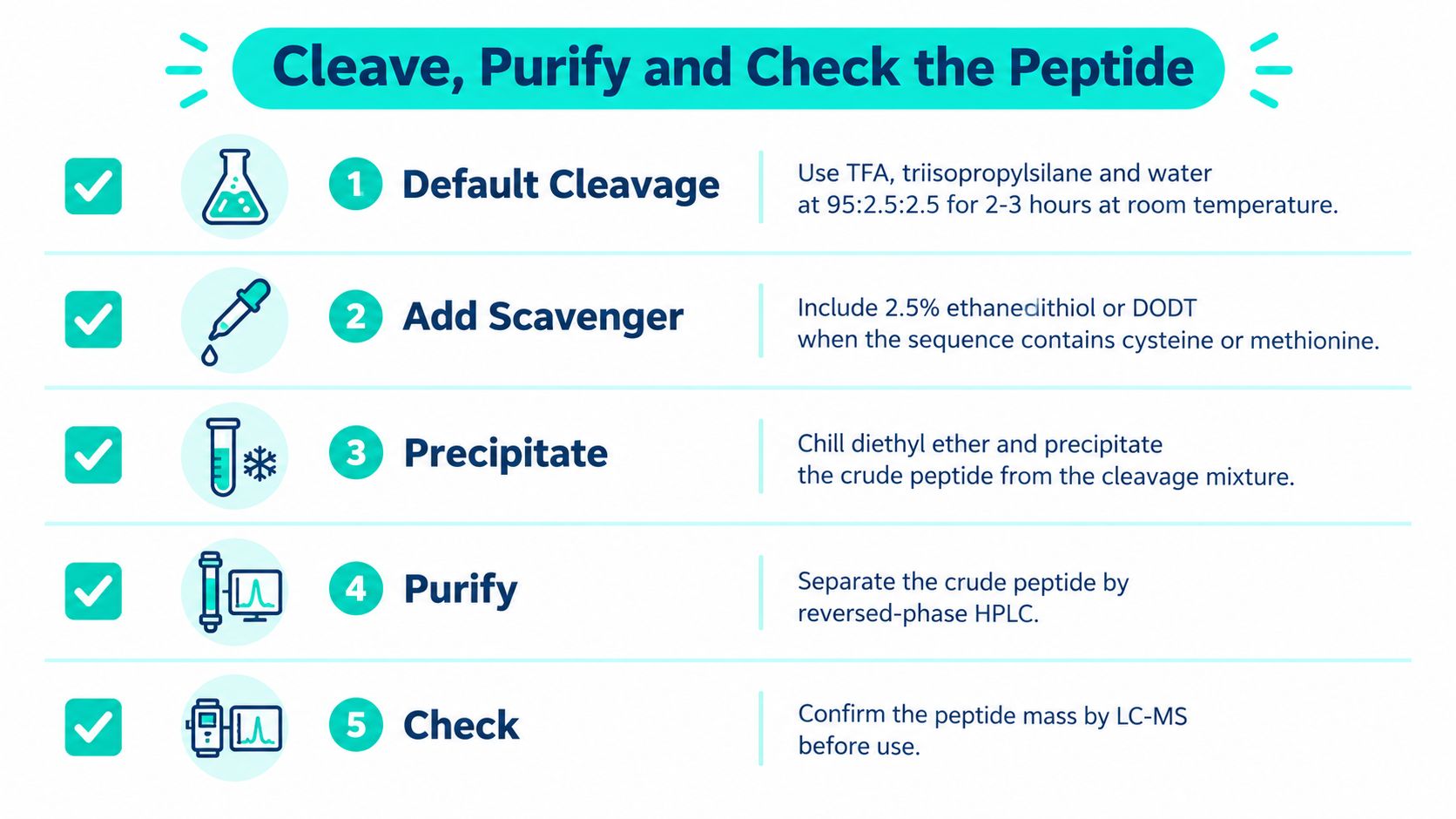 An infographic detailing the five-step laboratory process for cleaving, purifying, and checking synthesized peptide sequences.