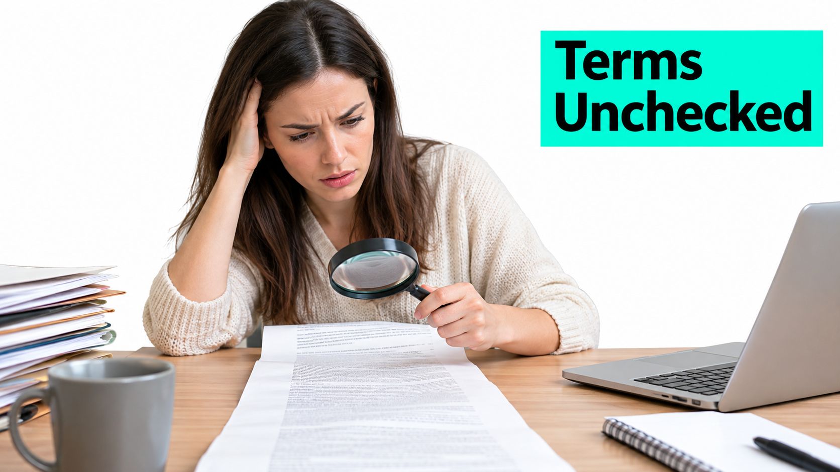 A concerned woman examining a long document with a magnifying glass while sitting at a desk.