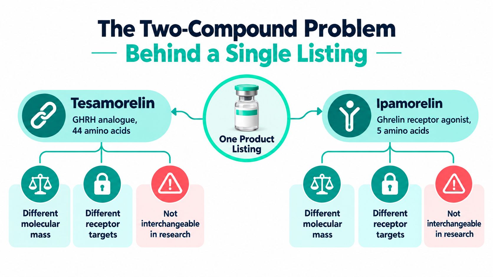 A diagram comparing the differences between the compounds Tesamorelin and Ipamorelin in a single product listing.