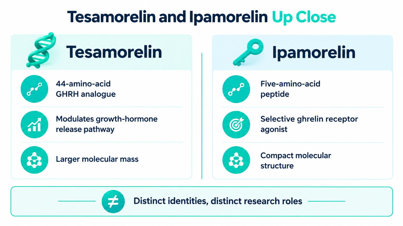 A comparative infographic highlighting the differences between the peptides Tesamorelin and Ipamorelin, noting their distinct structures and roles.