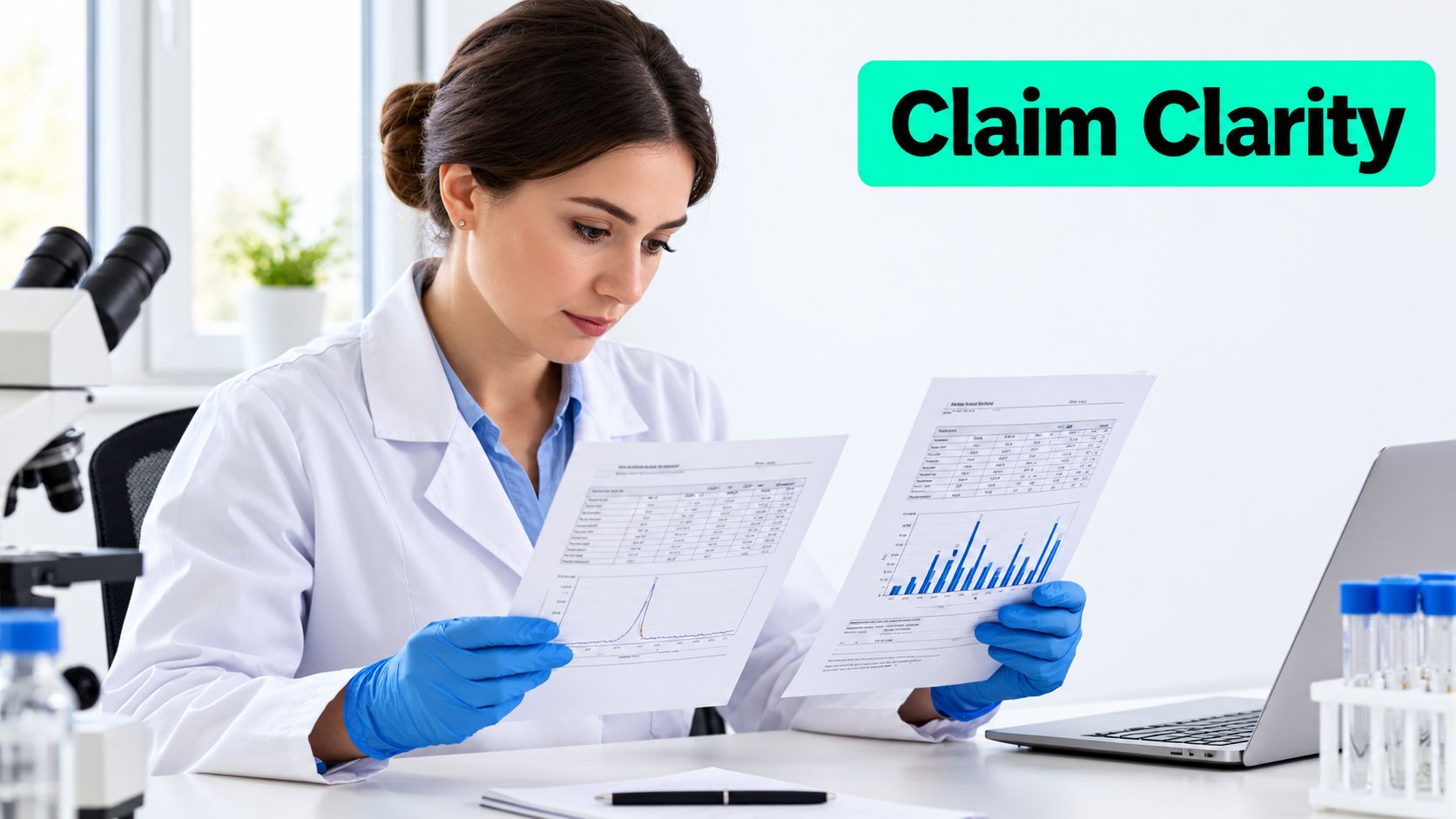 A female scientist in a lab coat and blue gloves analyzing research documents at her desk.