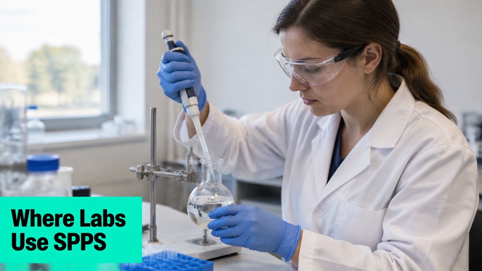 A female scientist in a laboratory performing chemical experiments with a pipette and a round-bottom flask.