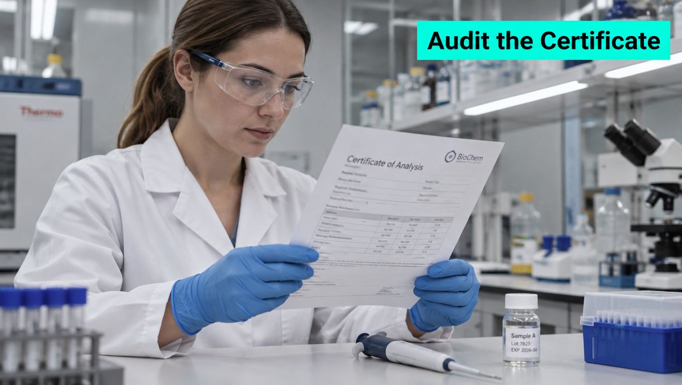 A female laboratory technician in a lab coat and blue gloves examining a certificate of analysis document.