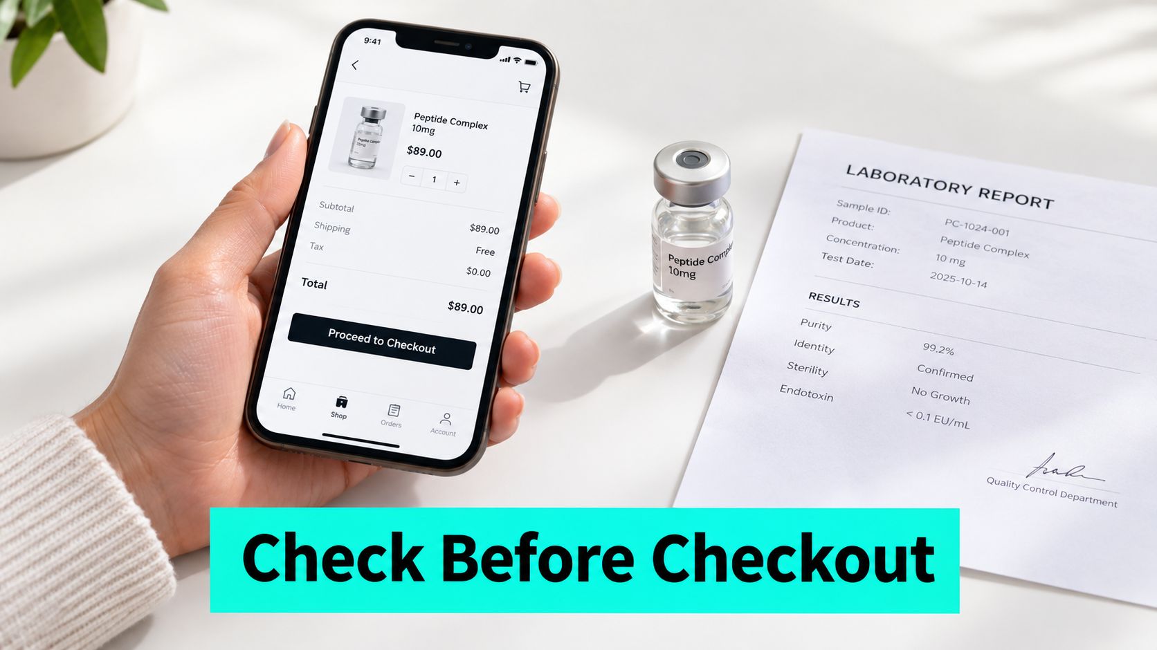 A hand holding a smartphone showing a checkout page for peptide products alongside a laboratory report.